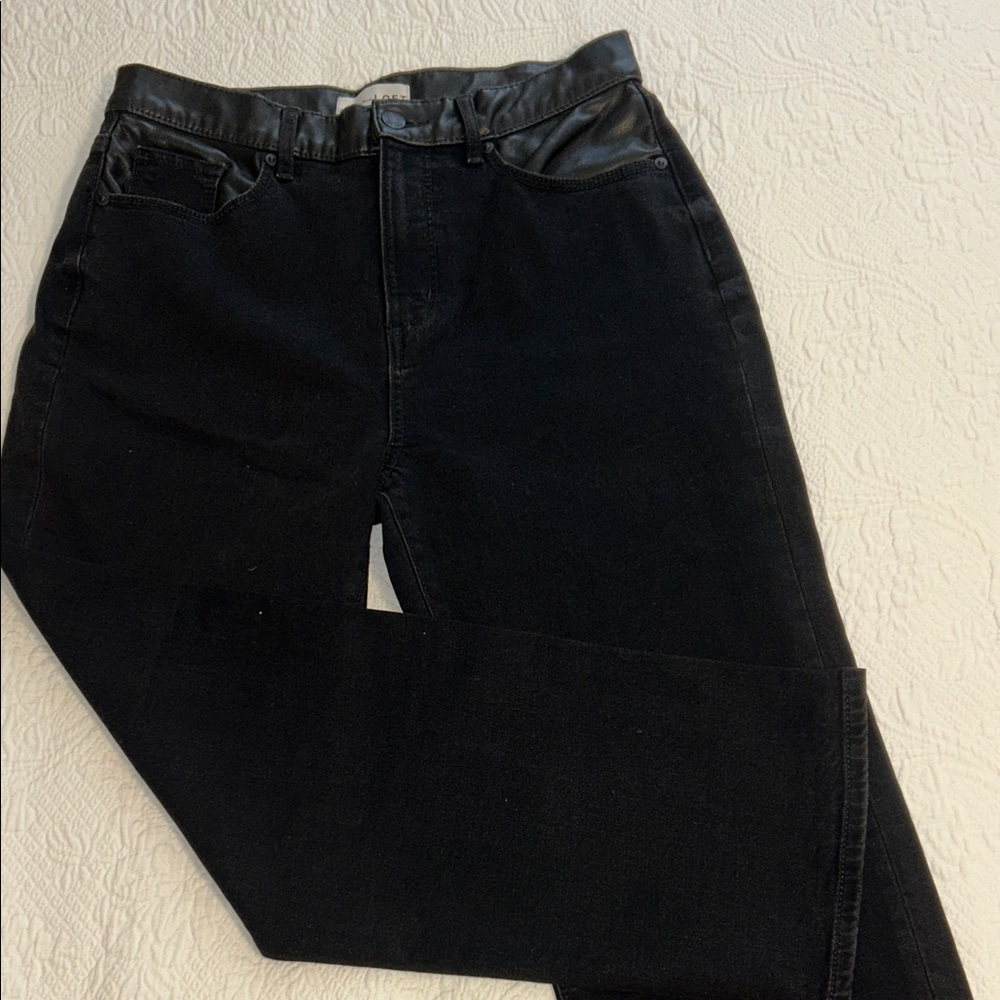 LOFT the Straight Black Jeans with Faux Leather Detail
